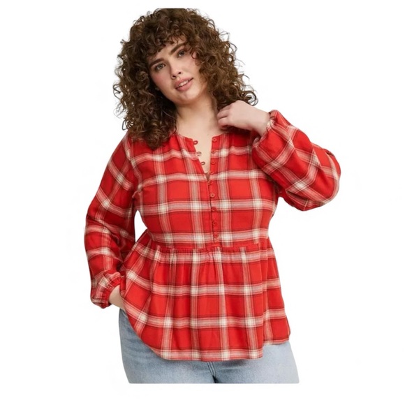 Torrid Red Plaid Flannel Pullover Blouse Long Sleeve Women’s Size 1X NWT - Picture 2 of 5